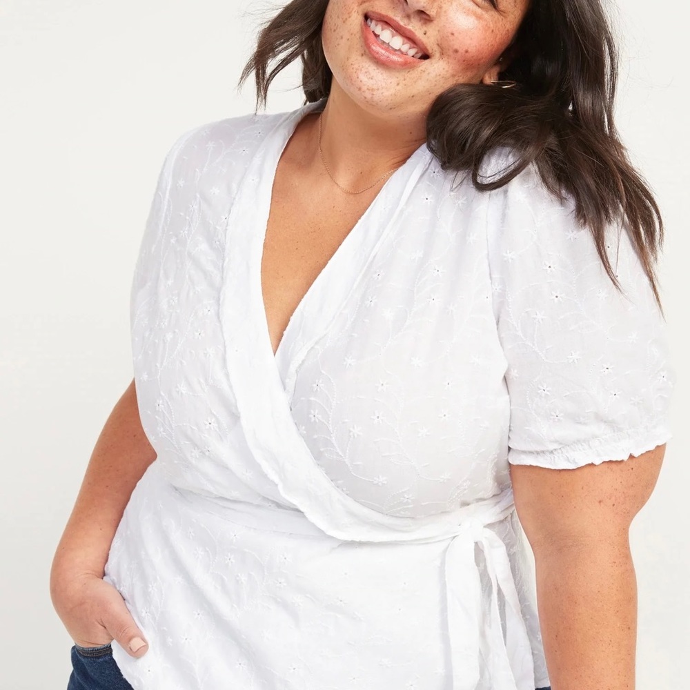 White Ruffle Embroidered Wrap Blouse